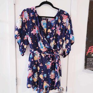 COLLECTIF vintage Dark blue Japanese kimono style Floral print Playsuit Size S